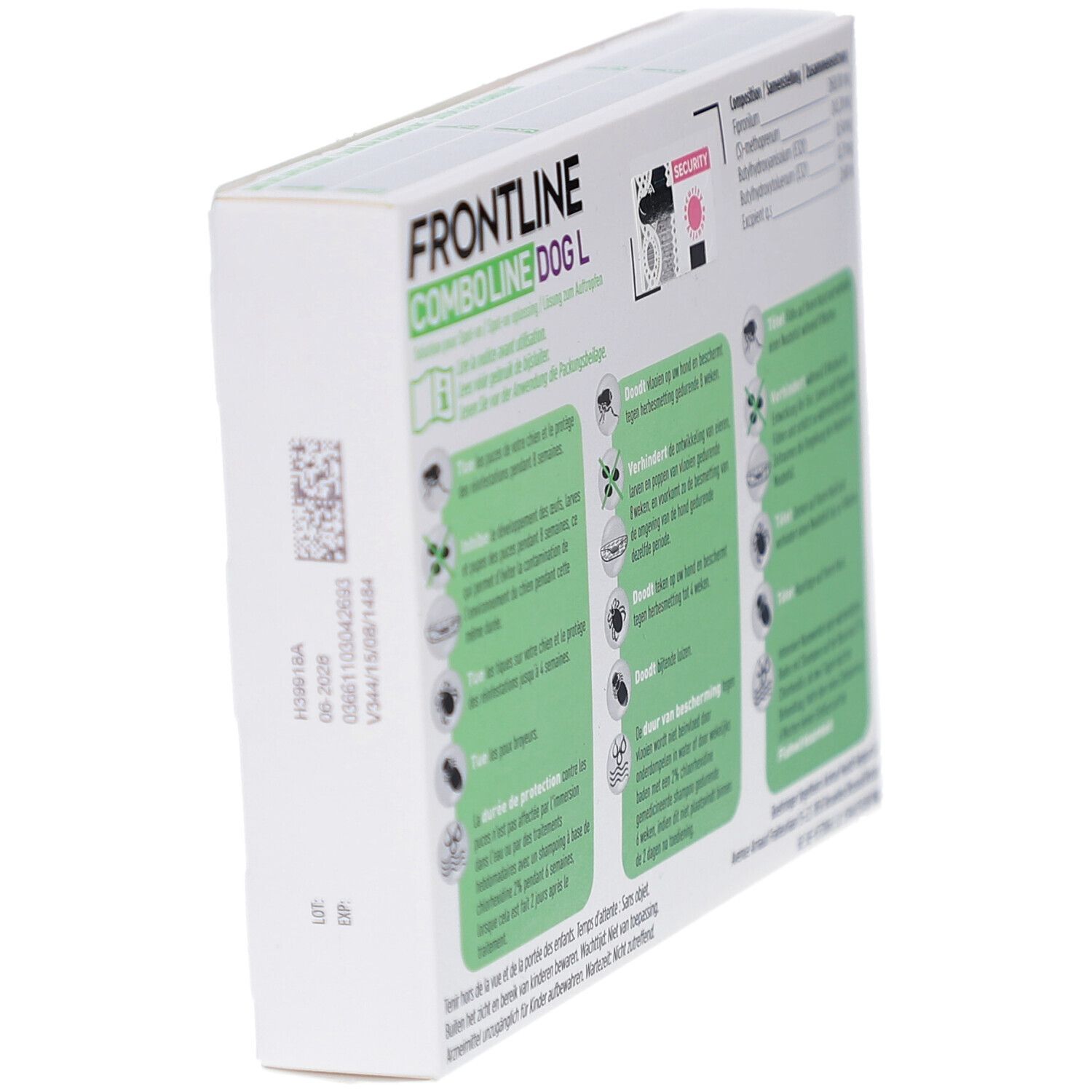 Doos Frontline Combo Line Dog L. Achterkant met tekst en symbolen. QR-code en batchnummer.