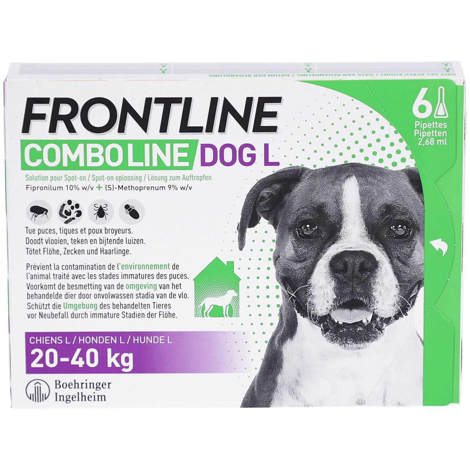 Doos Frontline Combo Line Dog L. Bevat 6 pipetten. Afbeelding van hond. Voor honden 20-40 kg. Boehringer Ingelheim.