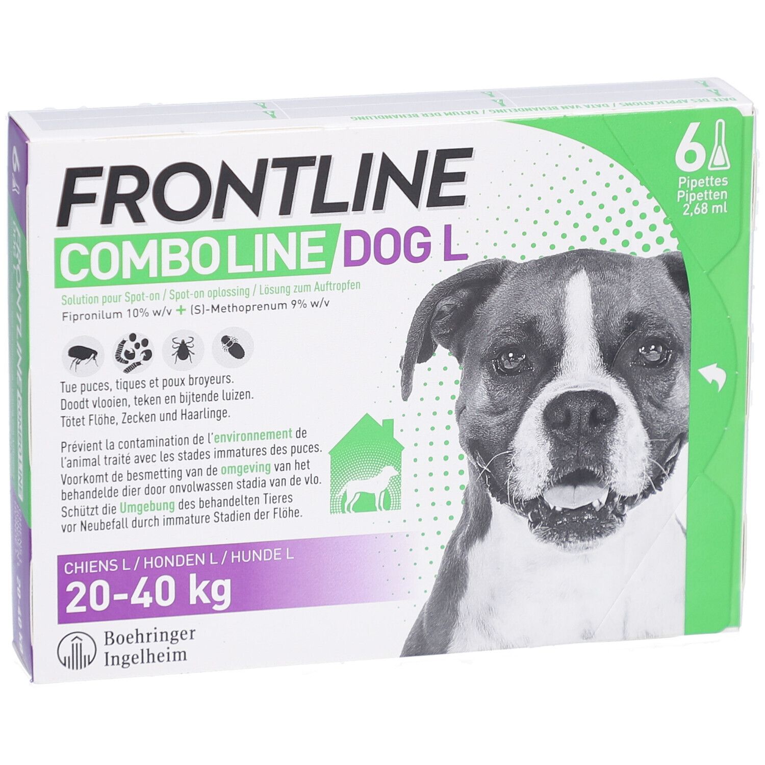 Doos Frontline Combo Line Dog L. Bevat 6 pipetten. Afbeelding van hond. Voor honden 20-40 kg. Boehringer Ingelheim.