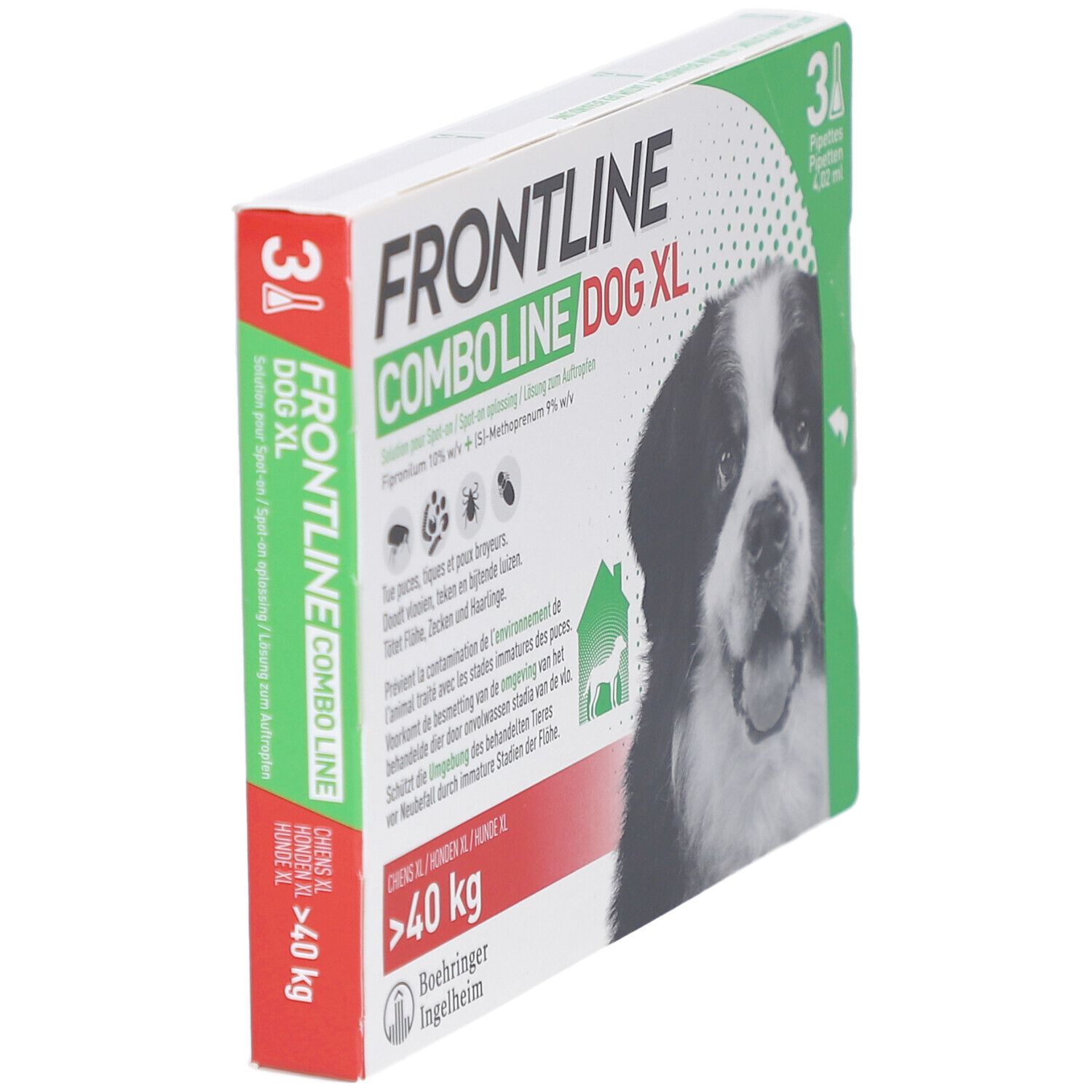 Doos Frontline Combo Line Dog XL, schuine weergave. Bevat 3 pipetten. Tekst en afbeelding van een hond.