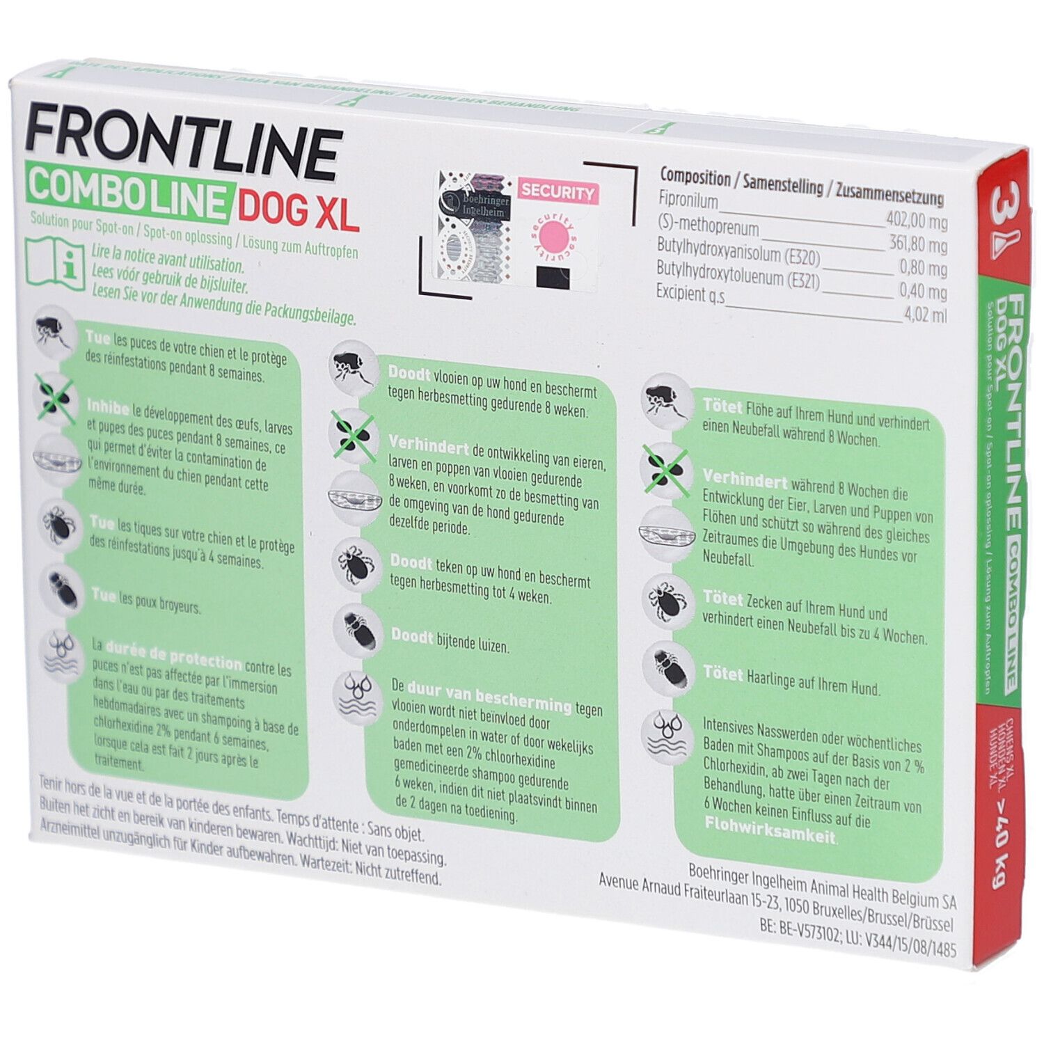Achterkant van de doos Frontline Combo Line Dog XL. Meertalige tekst. Informatie over gebruik.