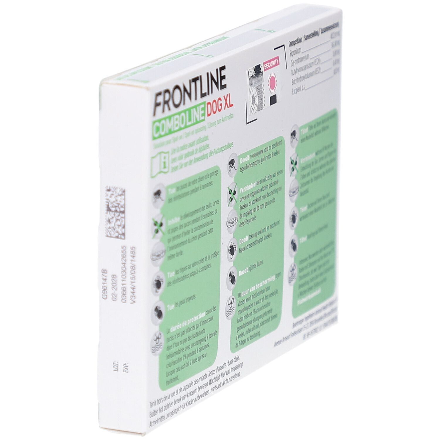 Doos Frontline Combo Line Dog XL, schuine weergave van de achterkant. Tekst en logo's.