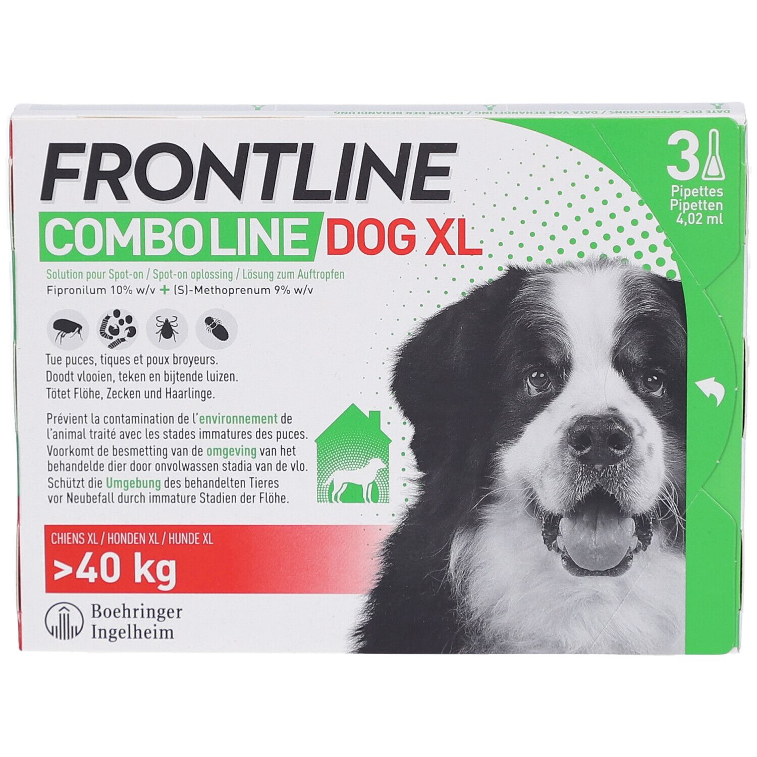 Doos Frontline Combo Line Dog XL. Bevat 3 pipetten. Afbeelding van een hond. Tekst.