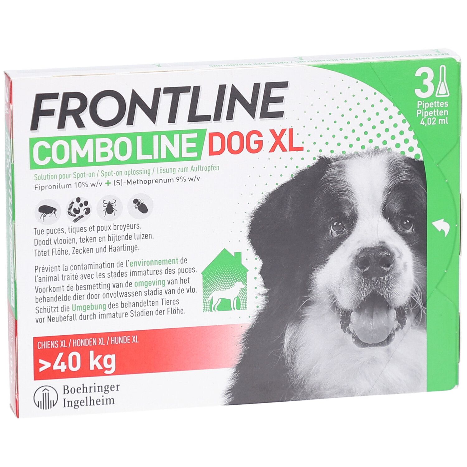Doos Frontline Combo Line Dog XL. Bevat 3 pipetten. Afbeelding van een hond. Tekst.