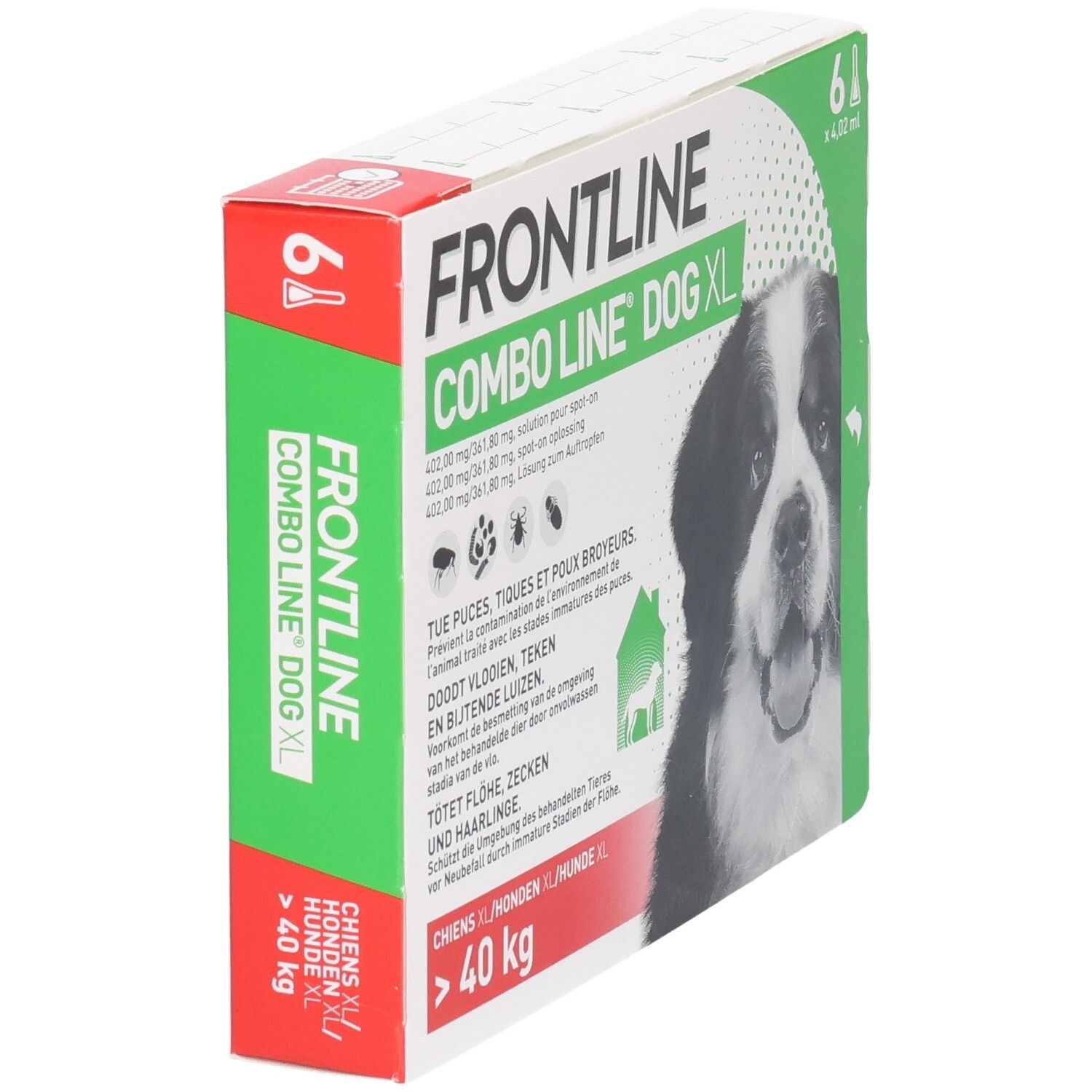 Frontline Combo Line Dog XL doos, zijaanzicht, 6 pipetten voor honden van meer dan 40 kg.