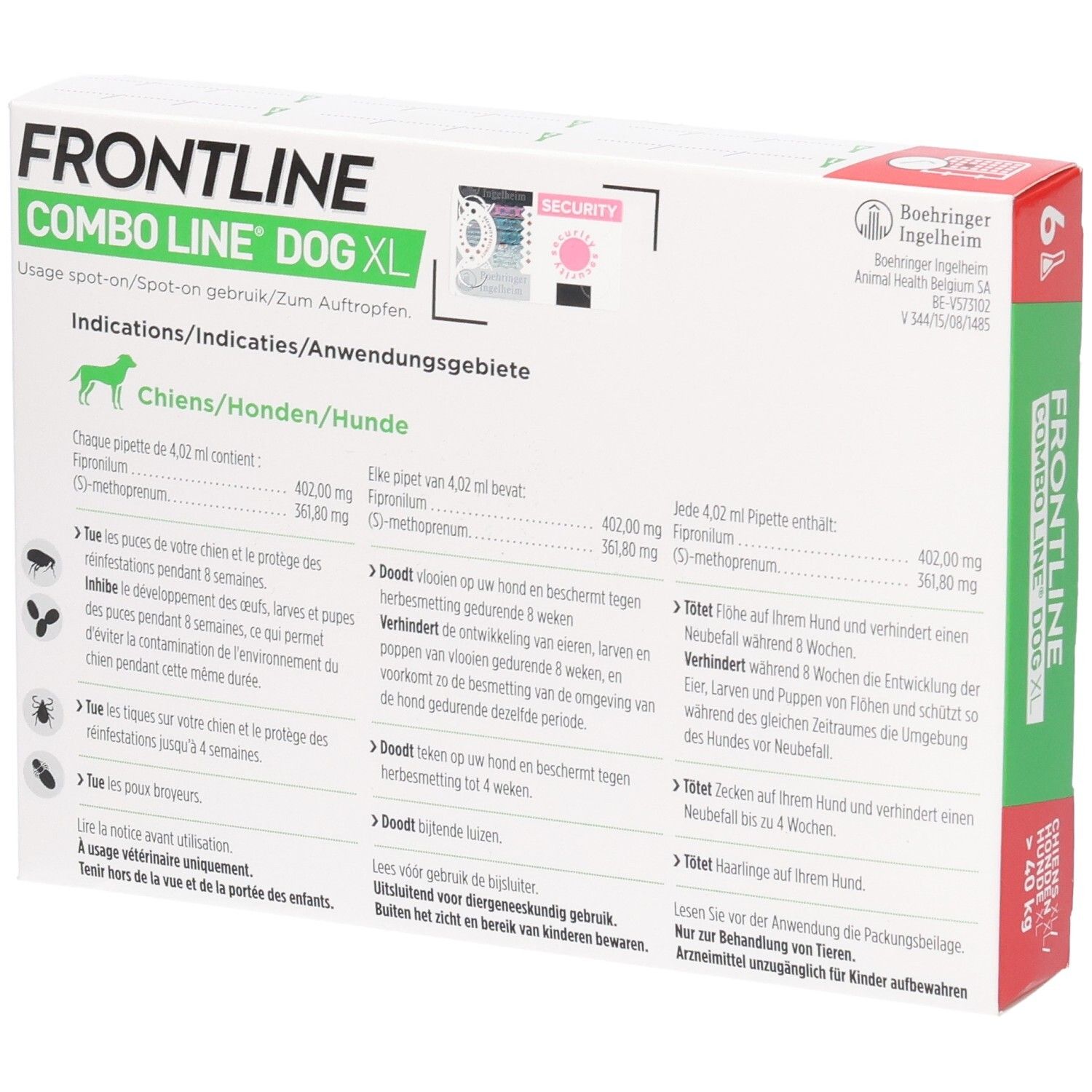 Achterkant van de Frontline Combo Line Dog XL doos met gebruiksaanwijzing voor honden van meer dan 40 kg.