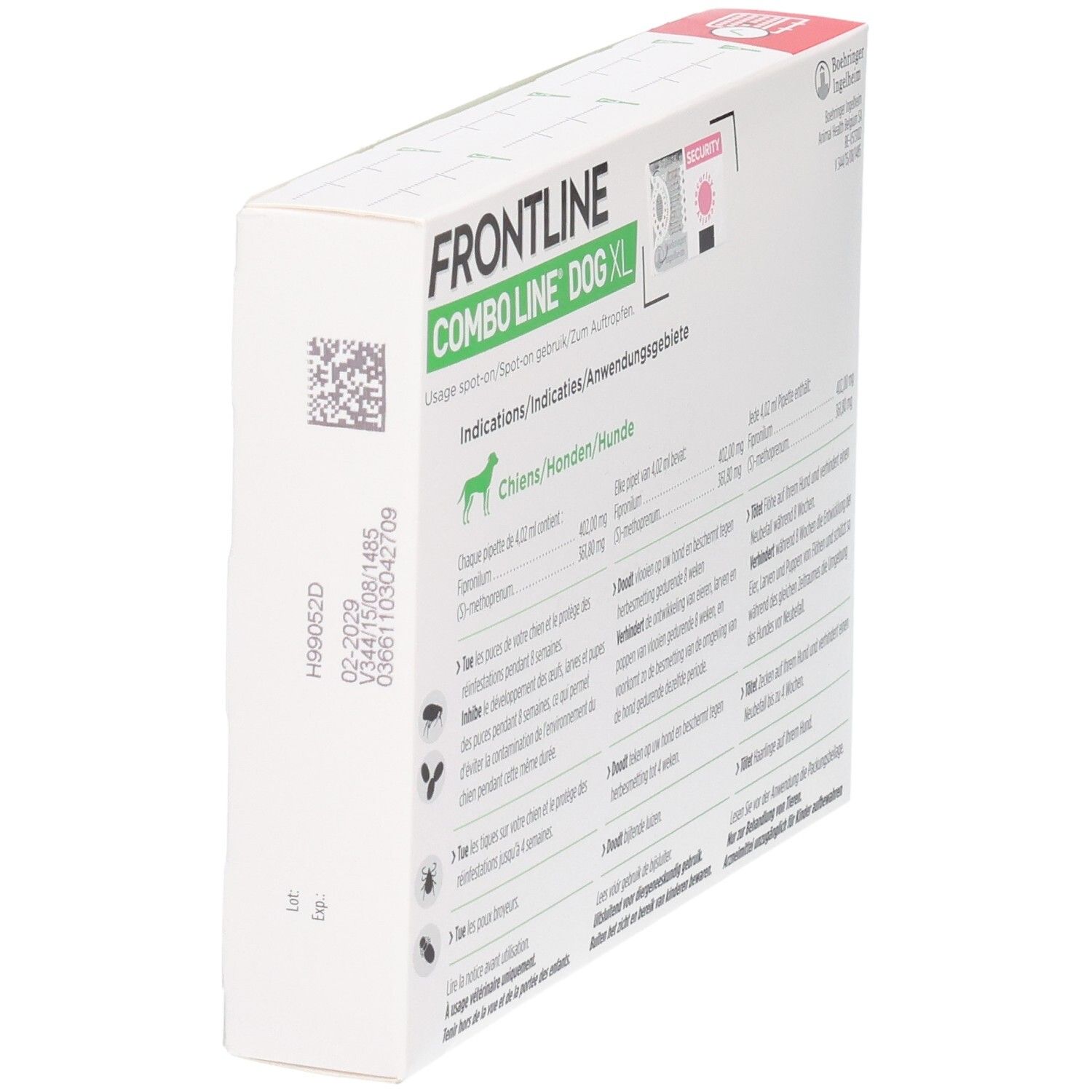 Zijaanzicht van de Frontline Combo Line Dog XL doos met batchnummer en vervaldatum.