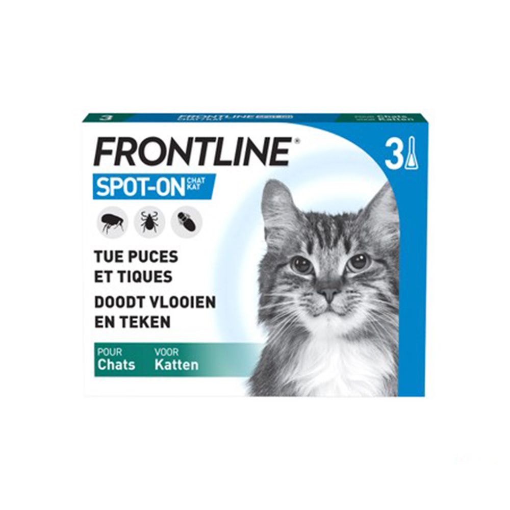 Boîte Frontline Spot-On pour chats, avec visage de chat et instructions en français.
