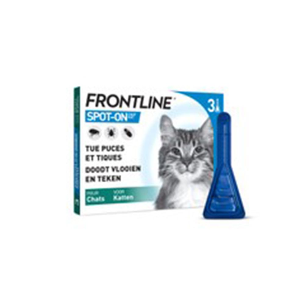 Frontline Spot-On kattenverpakking met kattengezicht, pipet-symbool en instructies.