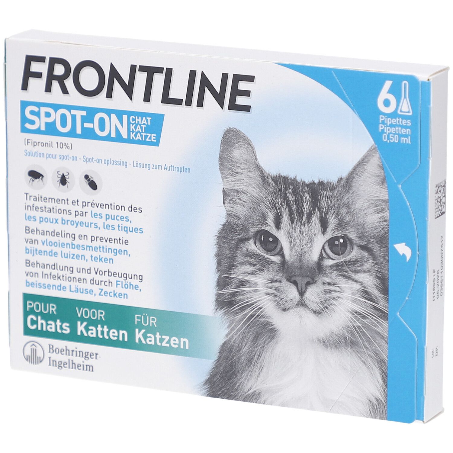 Productverpakking met naam en kattenafbeelding. Bevat 6 pipetten. Tekst in het Duits, Frans, Nederlands.