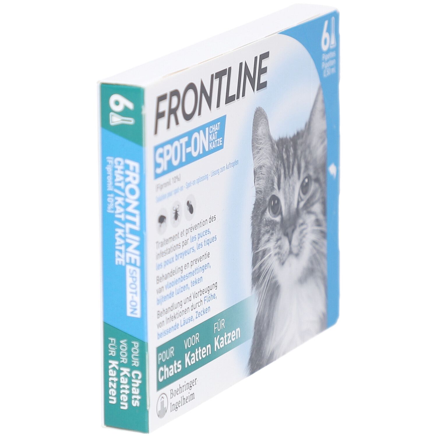 Schuin geplaatste productverpakking met naam en kattenafbeelding. Bevat 6 pipetten. Tekst in meerdere talen.