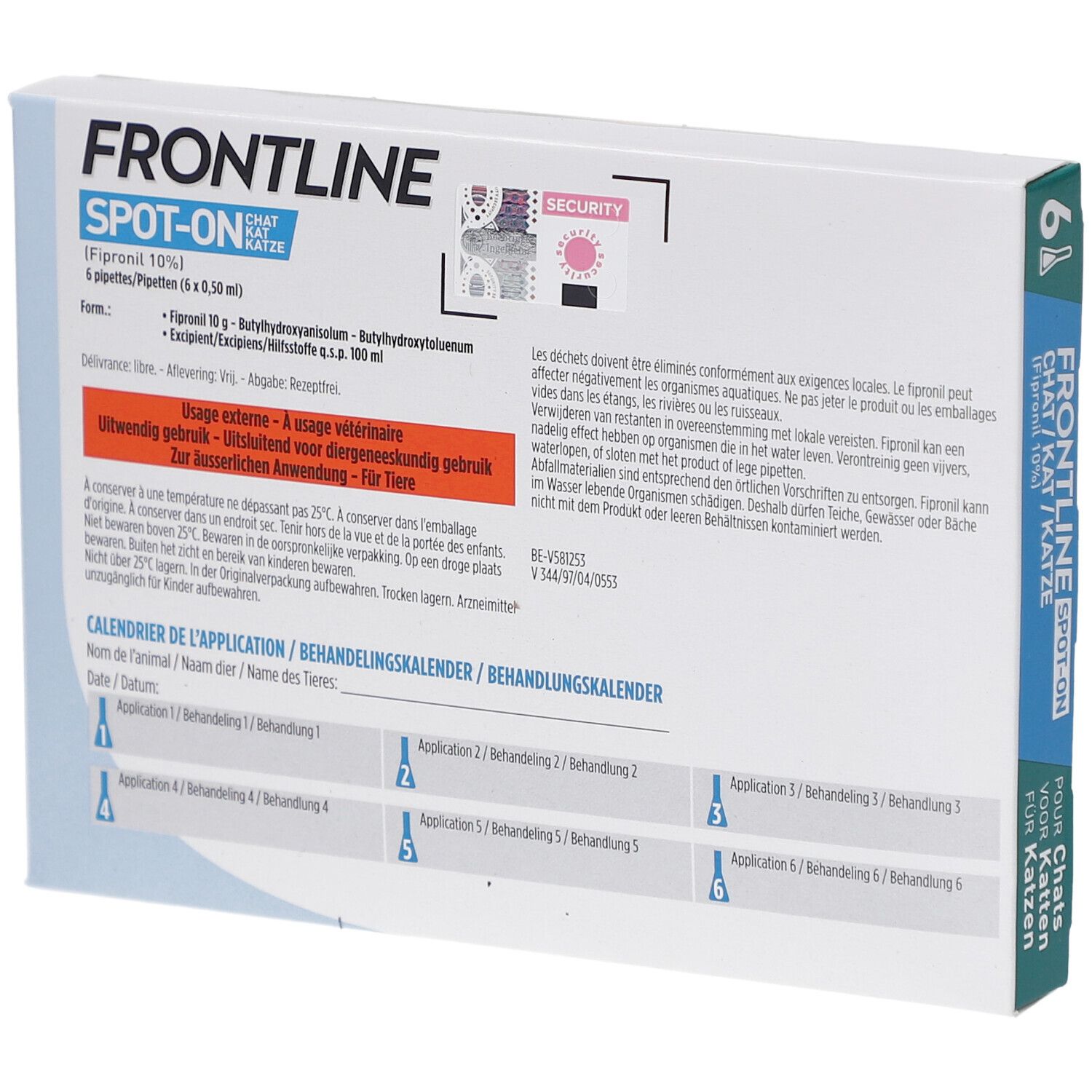 Achterkant van de productverpakking met tekst en toepassingskalender. Bevat informatie over gebruik en ingrediënten.