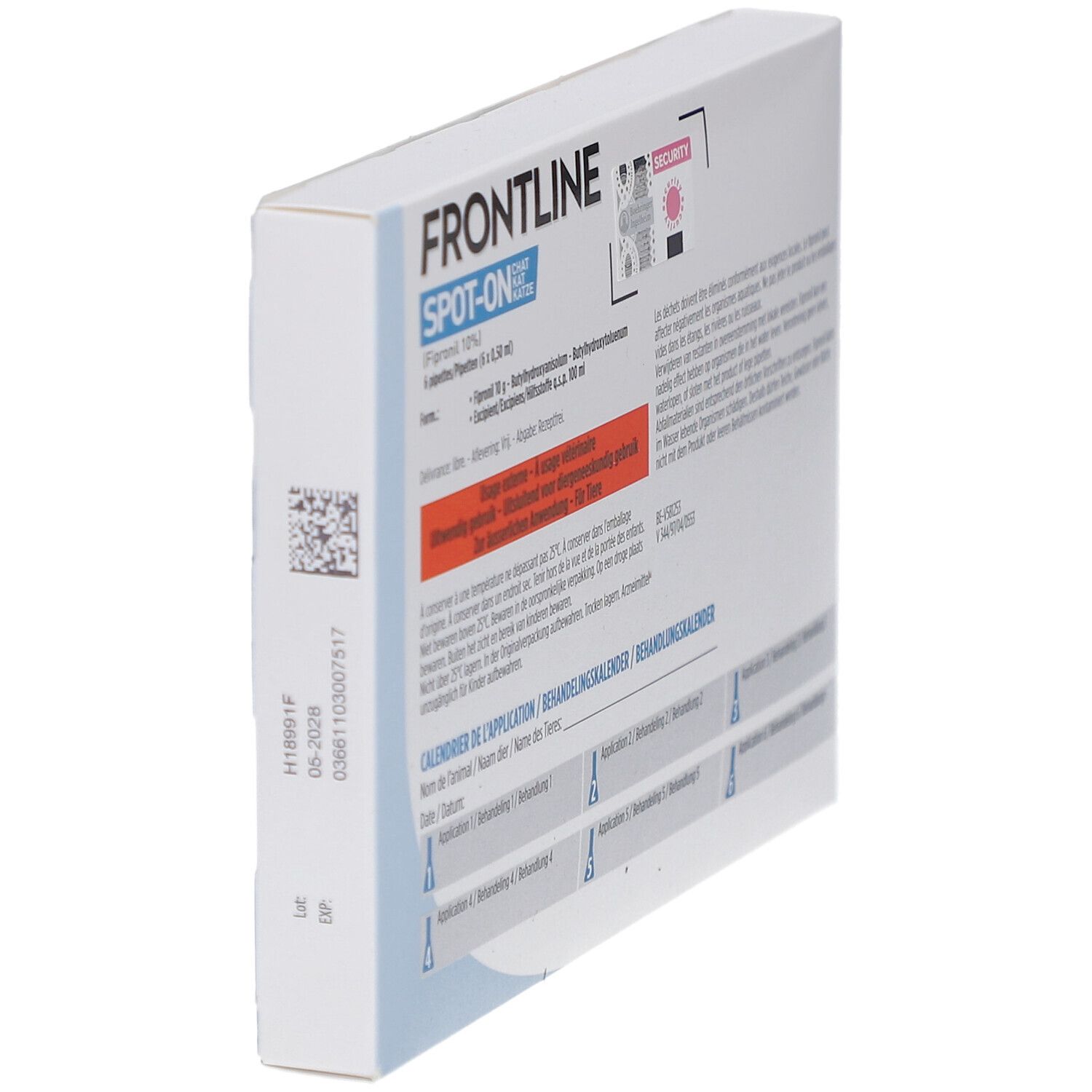 Schuin geplaatste achterkant van de productverpakking met tekst en QR-code. Bevat informatie over gebruik.