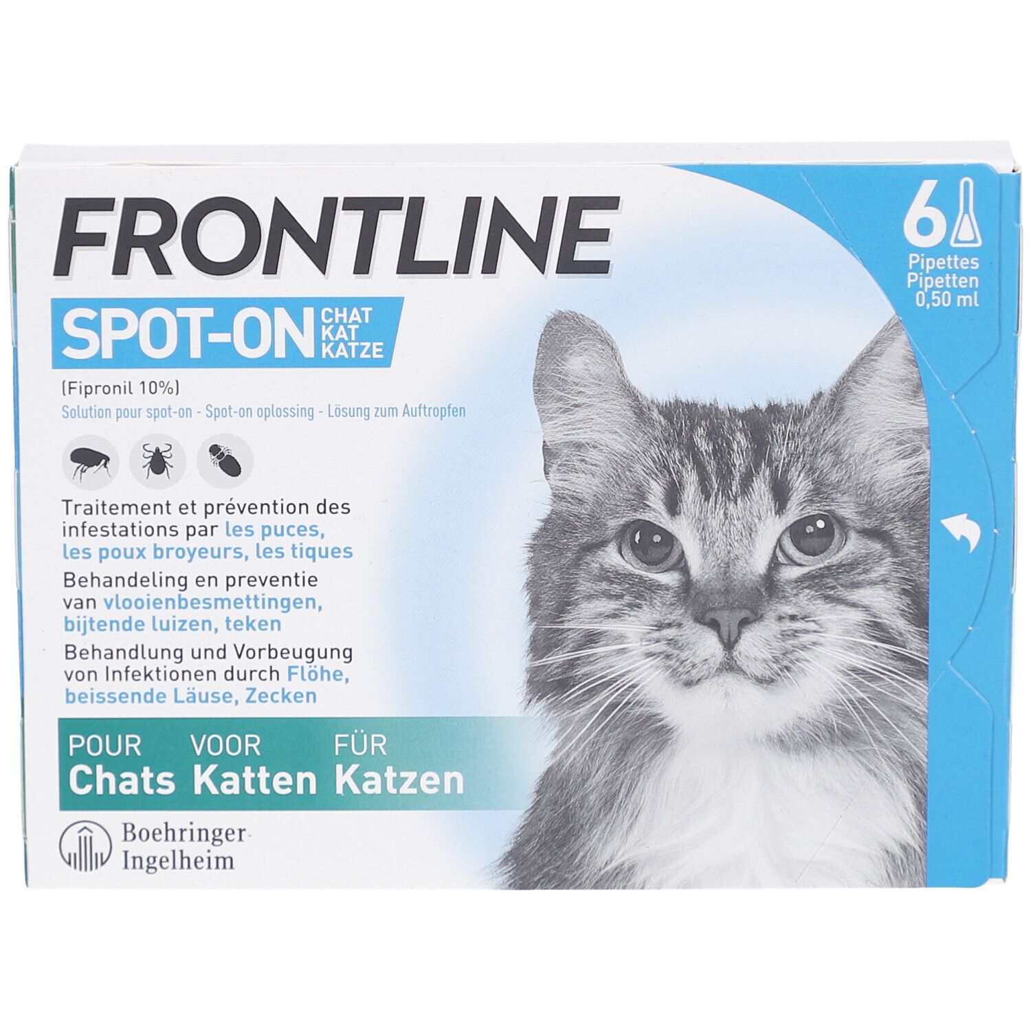 Productverpakking met naam en kattenafbeelding. Bevat 6 pipetten. Tekst in het Duits, Frans, Nederlands.