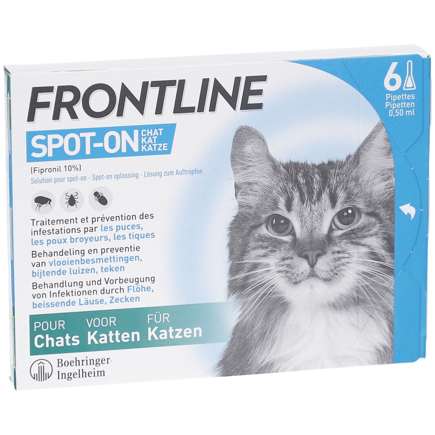 Productverpakking met naam en kattenafbeelding. Bevat 6 pipetten. Tekst in het Duits, Frans, Nederlands.