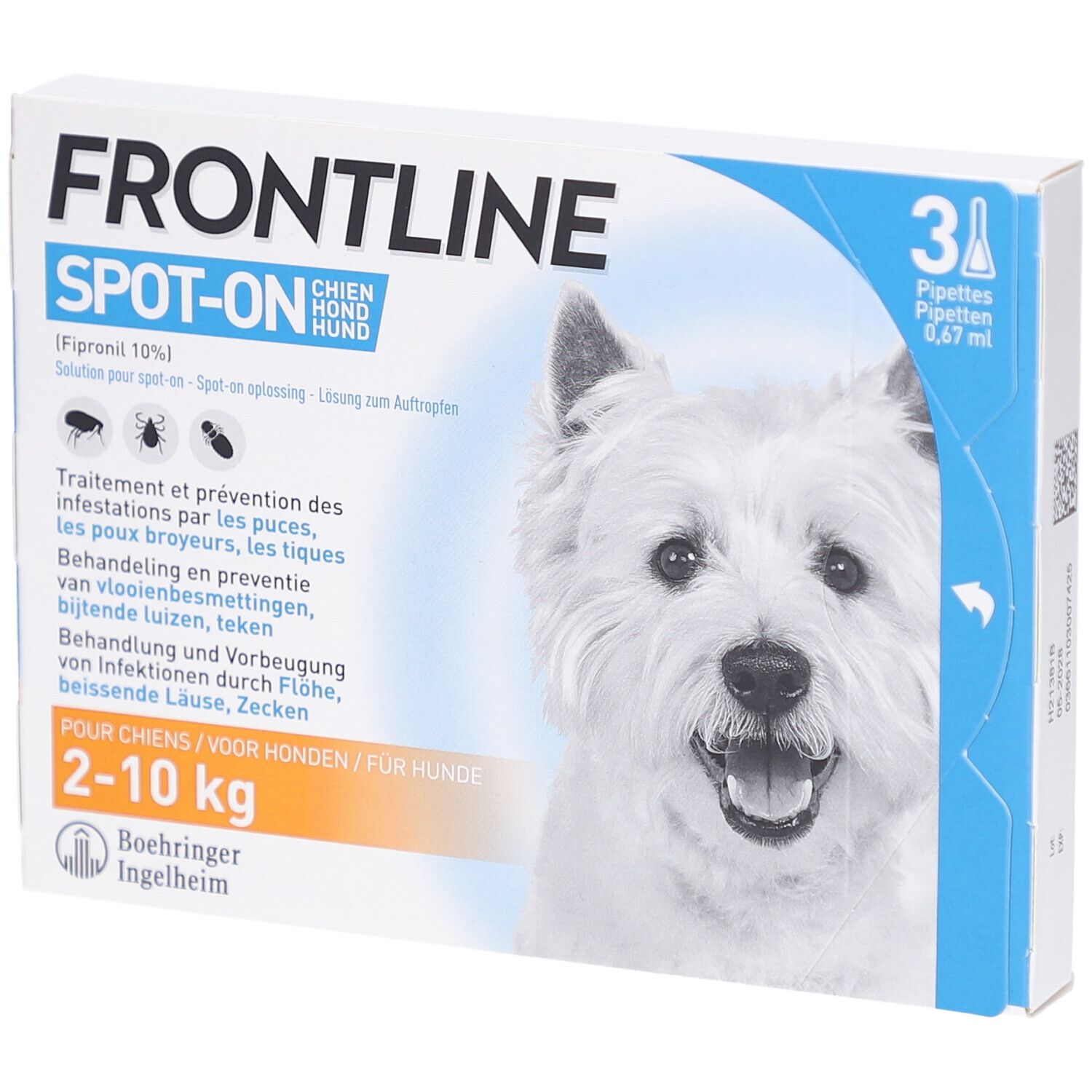 Doos Frontline Spot-On. Bevat 3 pipetten. Afbeelding van een witte hond. Tekst: Voor honden 2-10 kg.