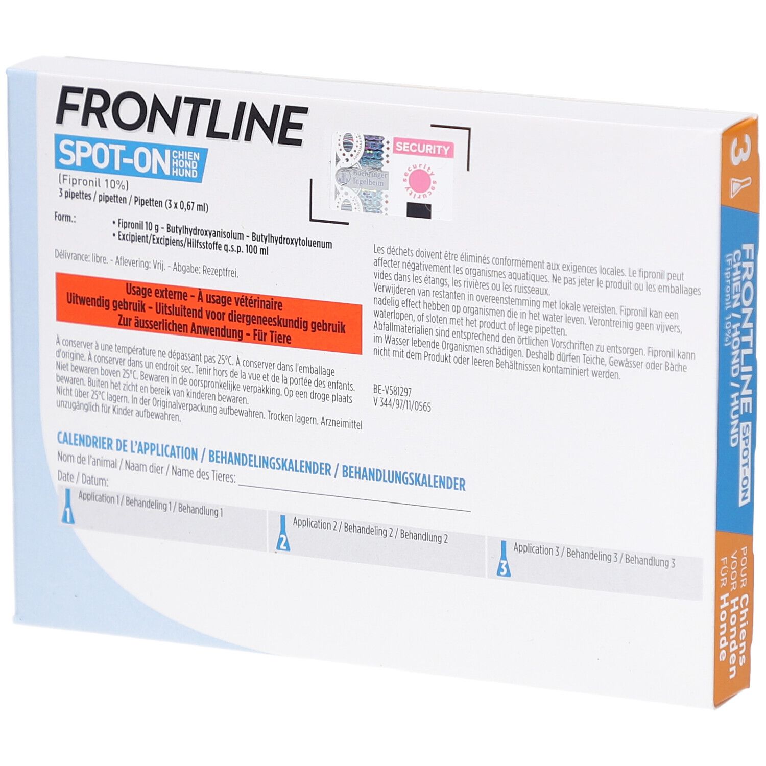 Achterkant van de Frontline Spot-On verpakking. Bevat informatie en een toepassingskalender.