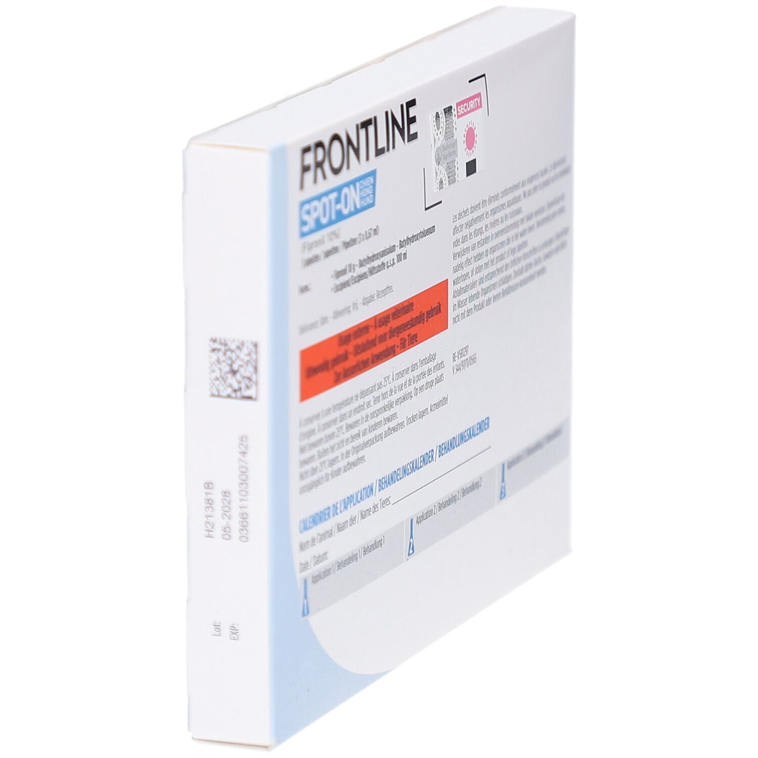 Zijaanzicht van de Frontline Spot-On verpakking. Bevat informatie en een QR-code.