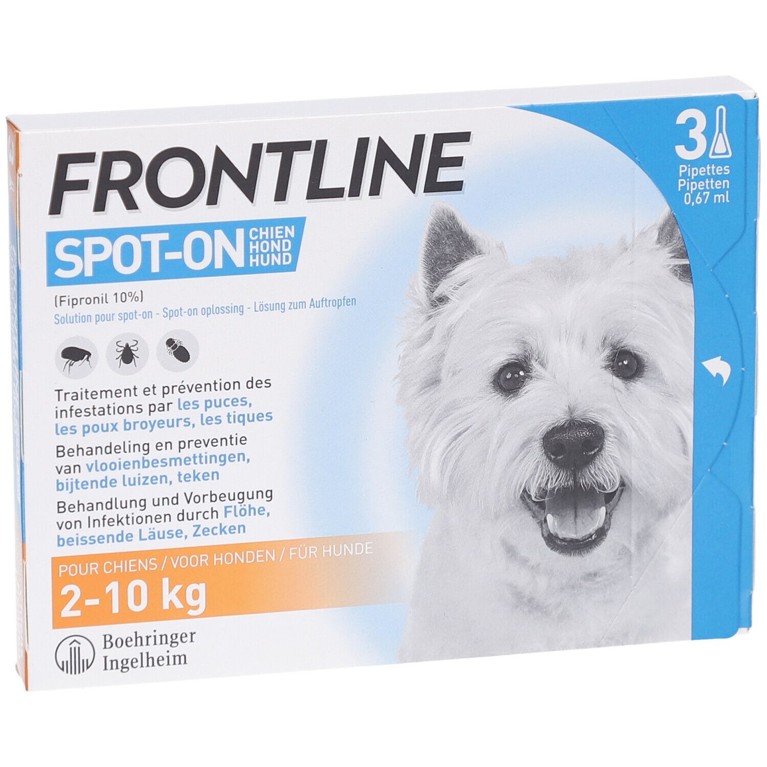 Doos Frontline Spot-On. Bevat 3 pipetten. Afbeelding van een witte hond. Tekst: Voor honden 2-10 kg.