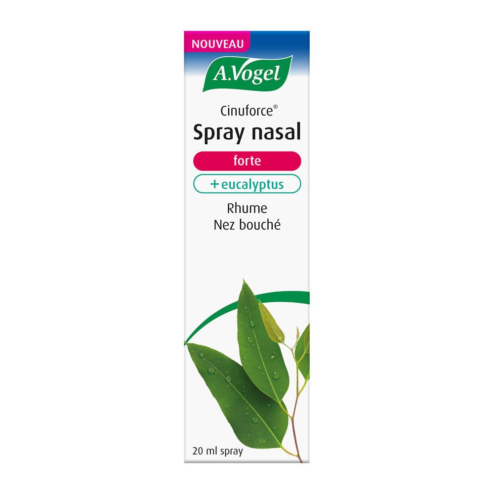 Boîte A.Vogel Cinuforce Spray nasal forte + eucalyptus. Inscriptions et feuilles vertes. Flacon de 20 ml.