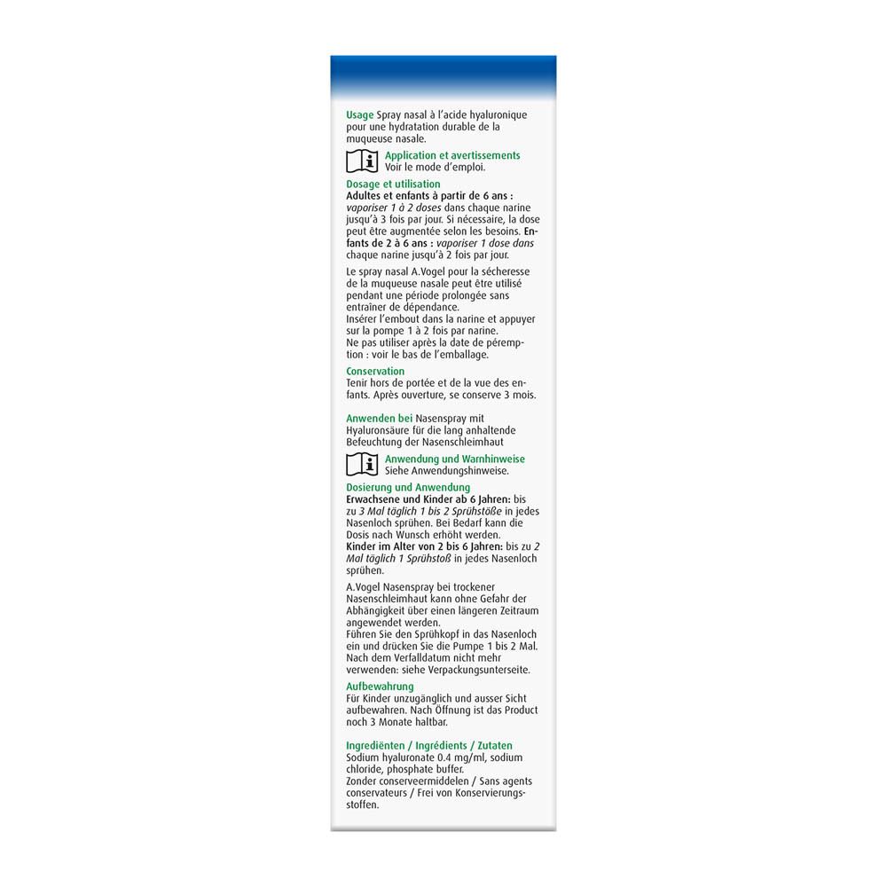 Achterkant van de A.Vogel Cinuforce Spray nasal forte + eucalyptus verpakking. Tekst en groene bladeren.
