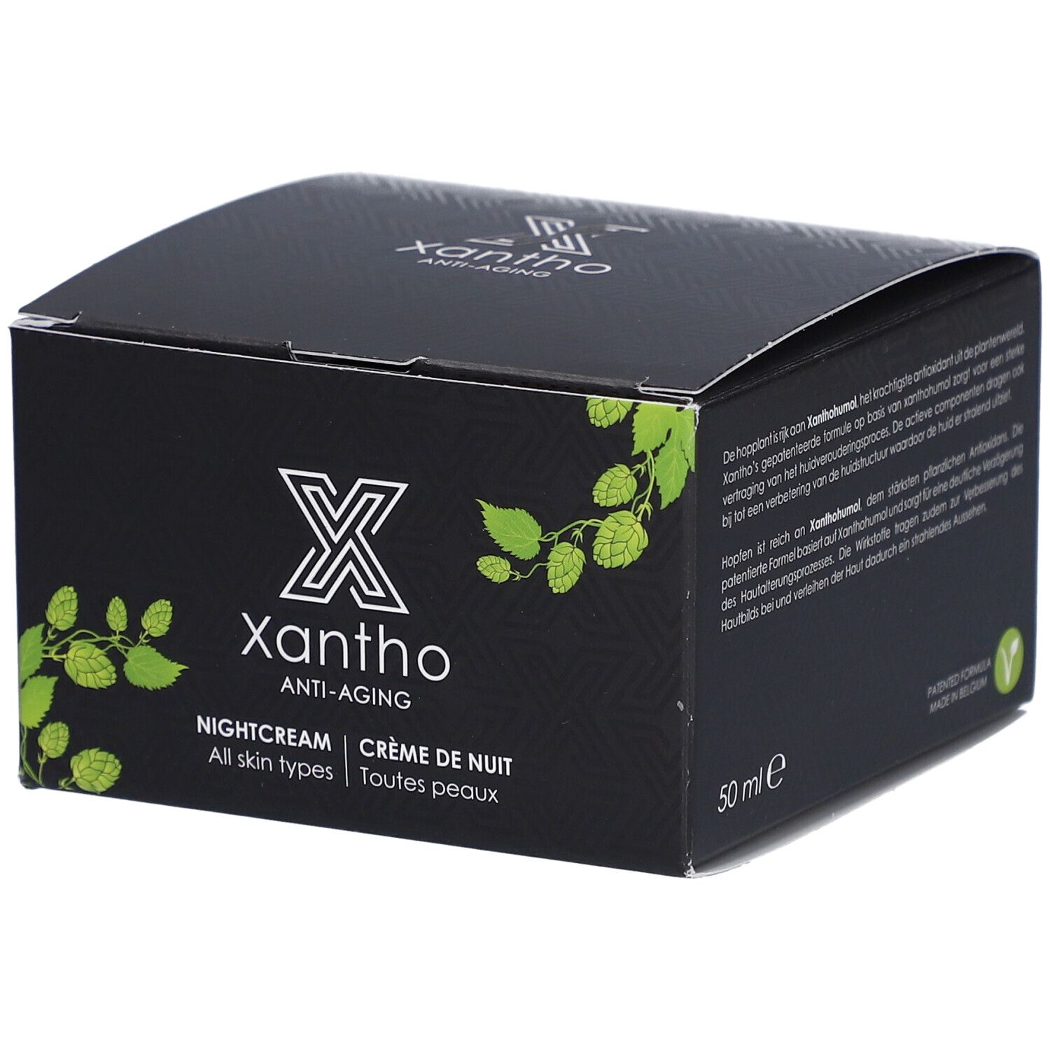 Boîte noire Xantho Anti-Âge. Inscription: Nightcream, Crème de Nuit, All skin types, Toutes peaux. 50 ml.