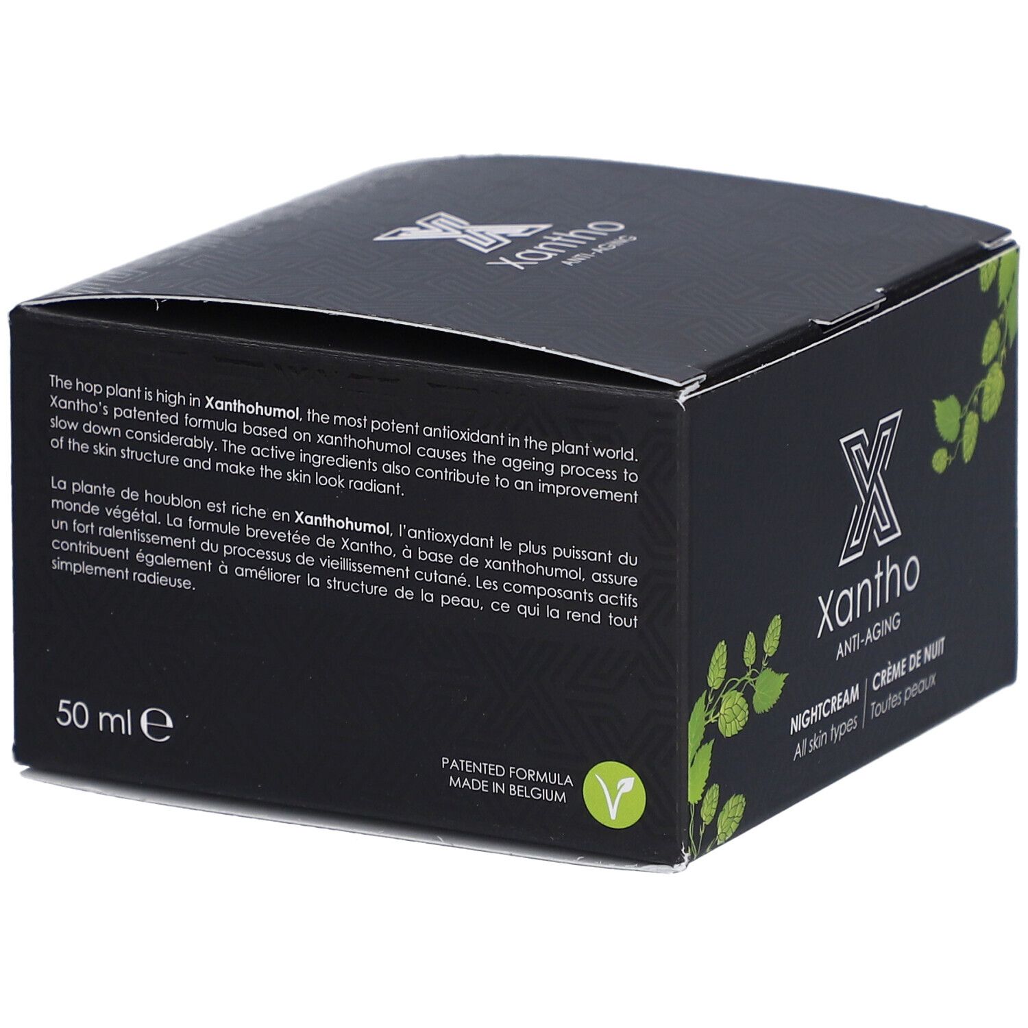Boîte noire Xantho Anti-Âge. Texte: Patented Formula, Made in Belgium. 50 ml. Contient du texte en anglais et français.