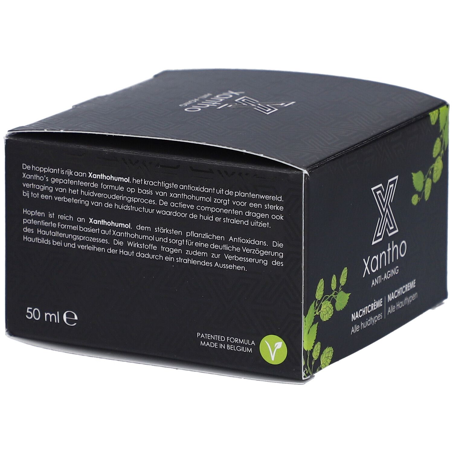 Boîte noire Xantho Anti-Âge. Texte: Patented Formula, Made in Belgium. 50 ml. Contient du texte en anglais, français et allemand.