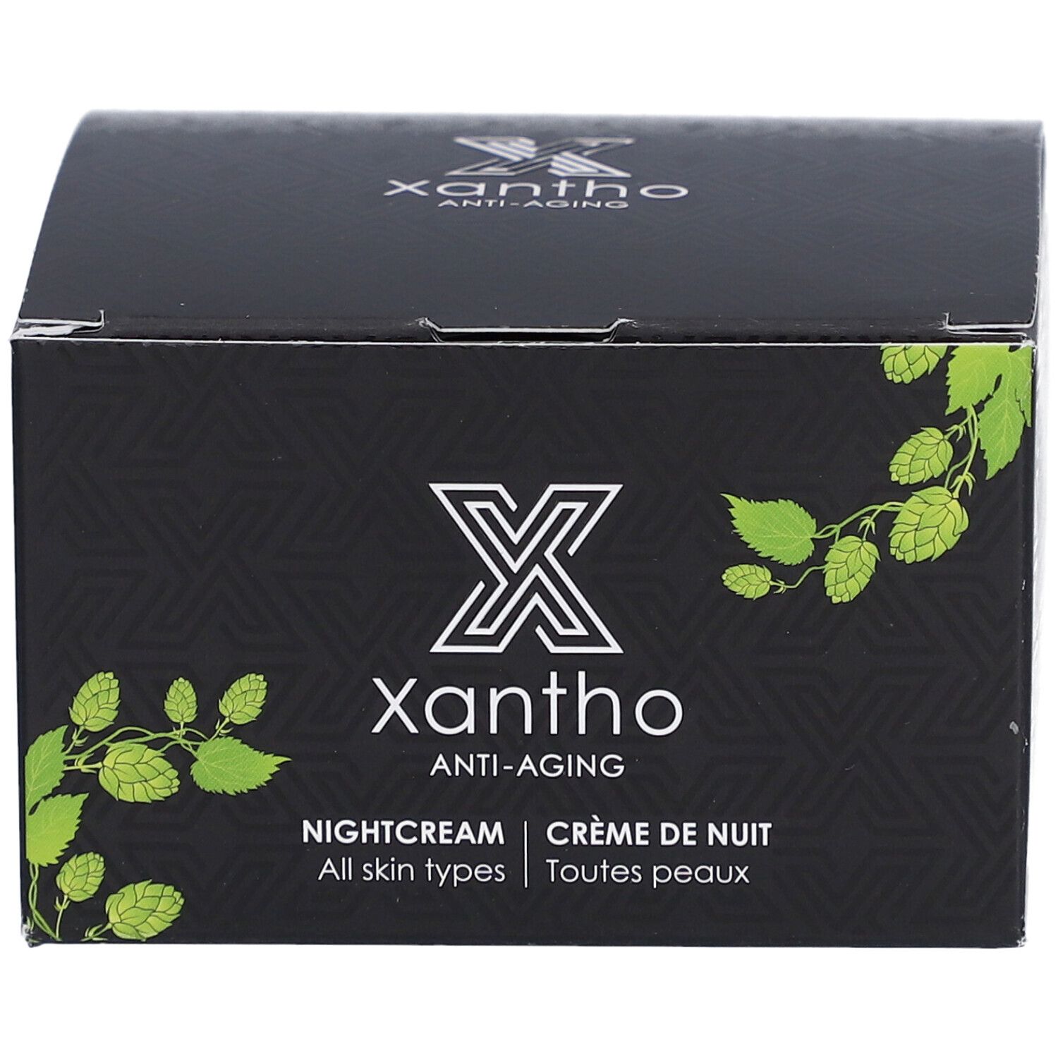 Boîte noire Xantho Anti-Âge. Inscription: Nightcream, Crème de Nuit, All skin types, Toutes peaux. Logo.