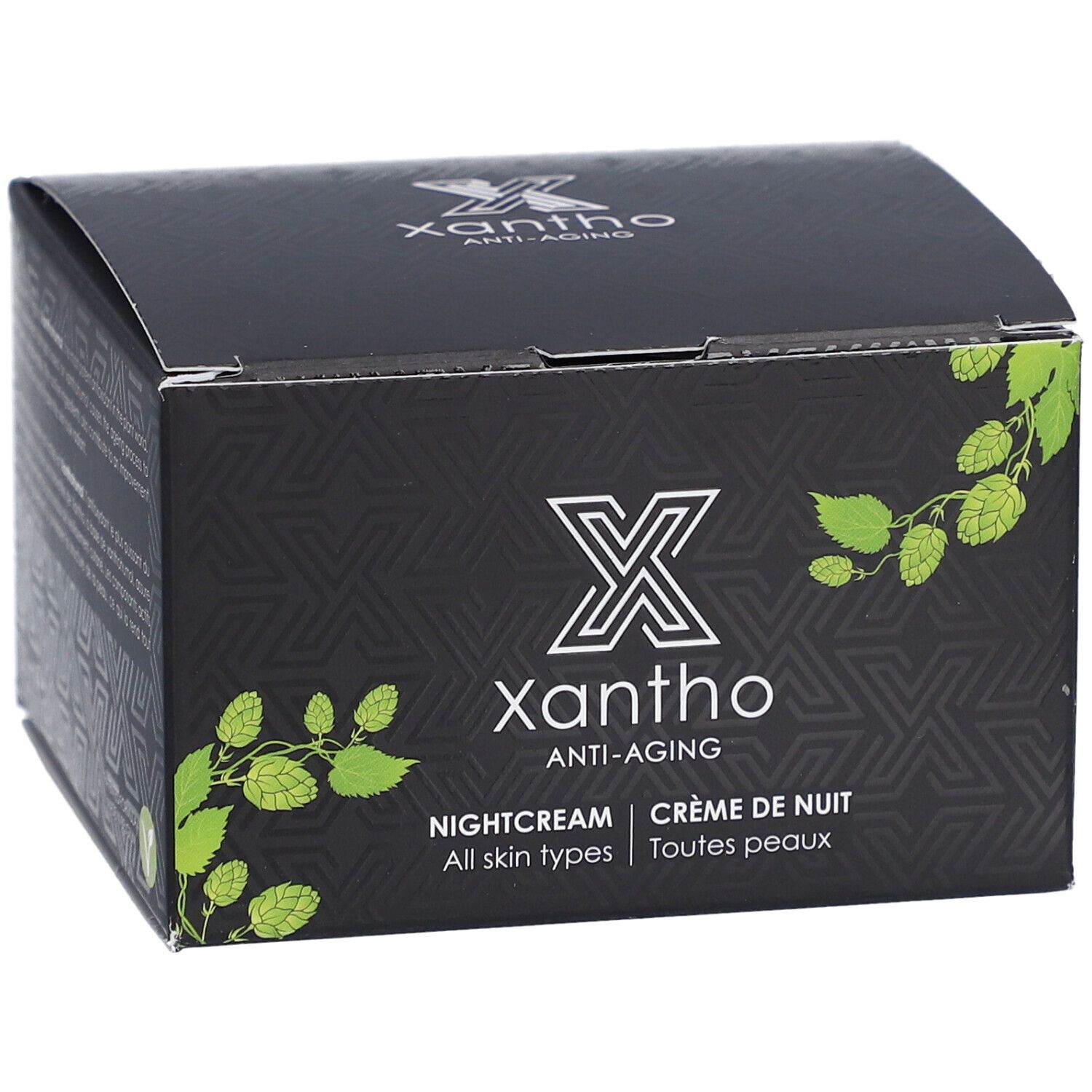 Boîte noire Xantho Anti-Âge. Inscription: Nightcream, Crème de Nuit, All skin types, Toutes peaux. Logo.