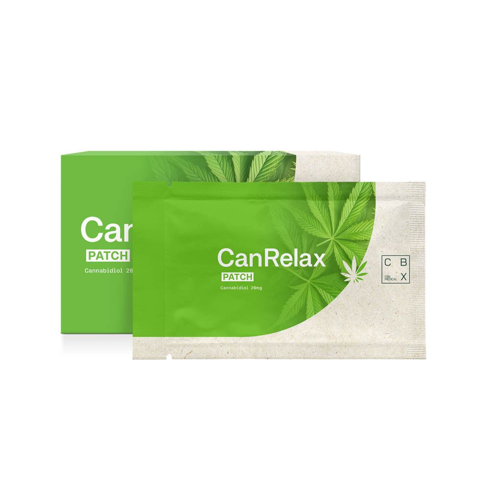 Boîte et sachet "CanRelax PATCH". Logo CBX Medical. Sachet vert avec patch.