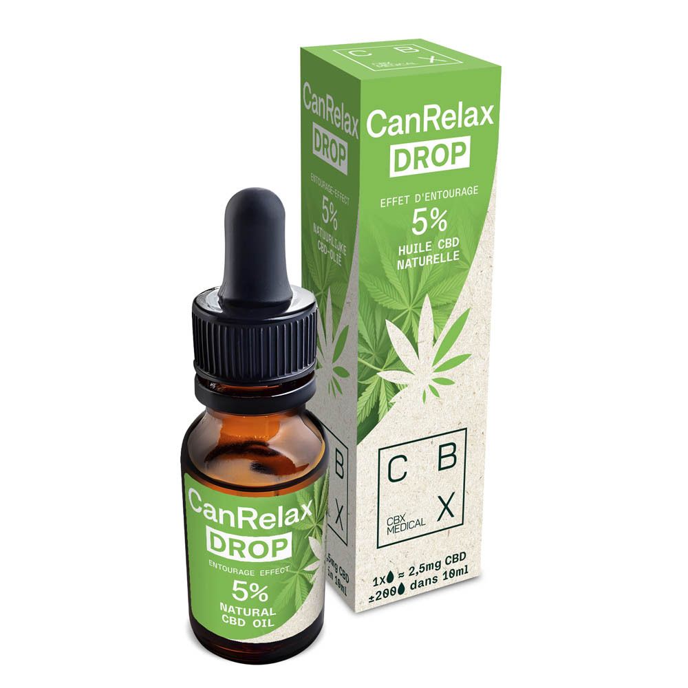 Boîte verte et flacon brun avec compte-gouttes. Sur la boîte: CanRelax DROP, 5% huile CBD. Marque: CBX Medical.