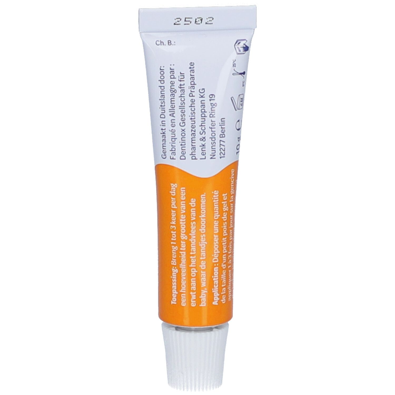 Dos du tube de gel gingival. Texte en allemand et néerlandais. Inscription: Dentinox.