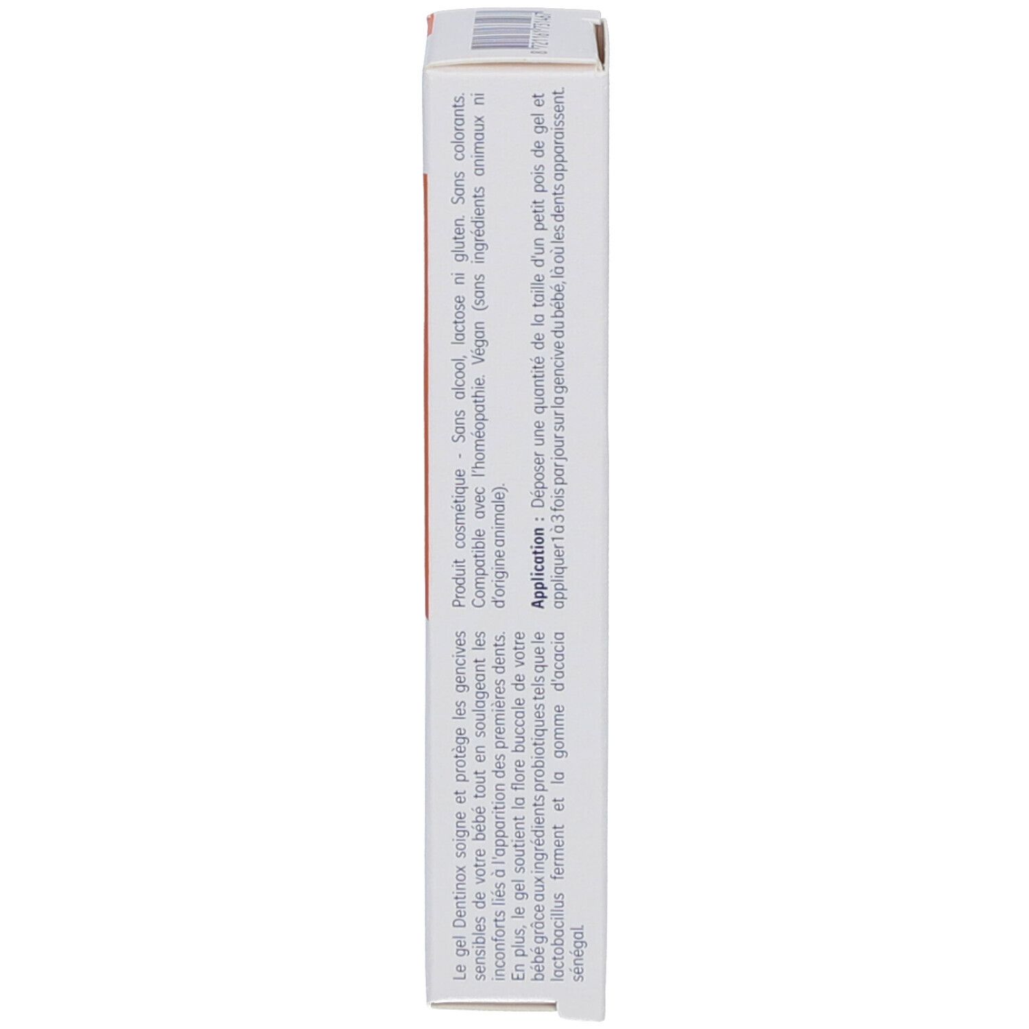 Emballage du produit, vue latérale. Texte en allemand et français. Inscription: Dentinox.