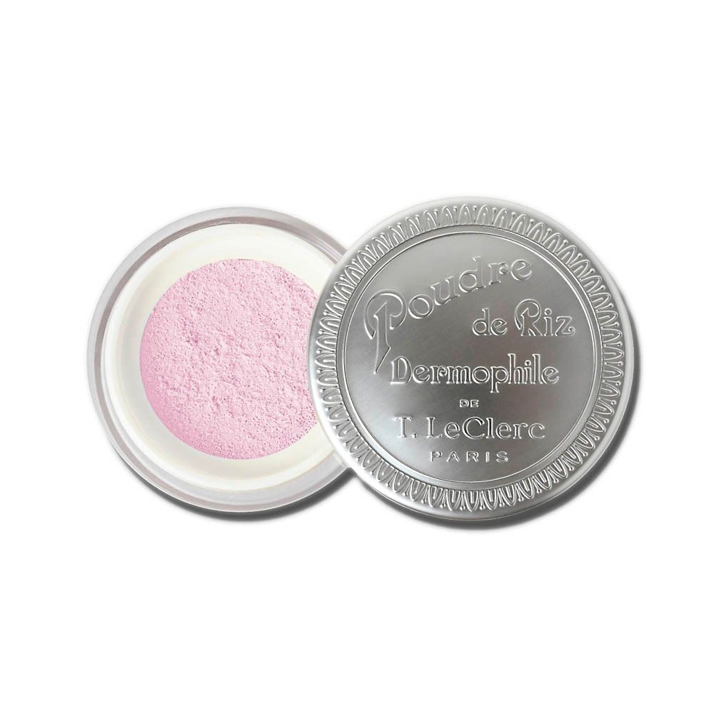 Boîtier rond argenté avec poudre rose. Inscription: Poudre de Riz Dermophile de T. LeClerc Paris. Couvercle ouvert.