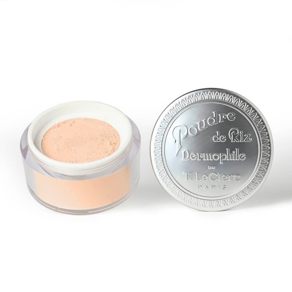 Pot ouvert T.LeClerc Poudre de Riz Dermophile. Poudre beige. Couvercle argenté avec logo.