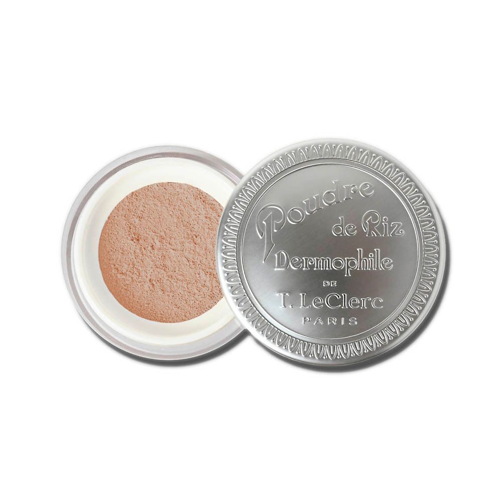 Pot ouvert Poudre de Riz Dermophile. Couvercle argenté, poudre beige. Inscription: T. LeClerc Paris.