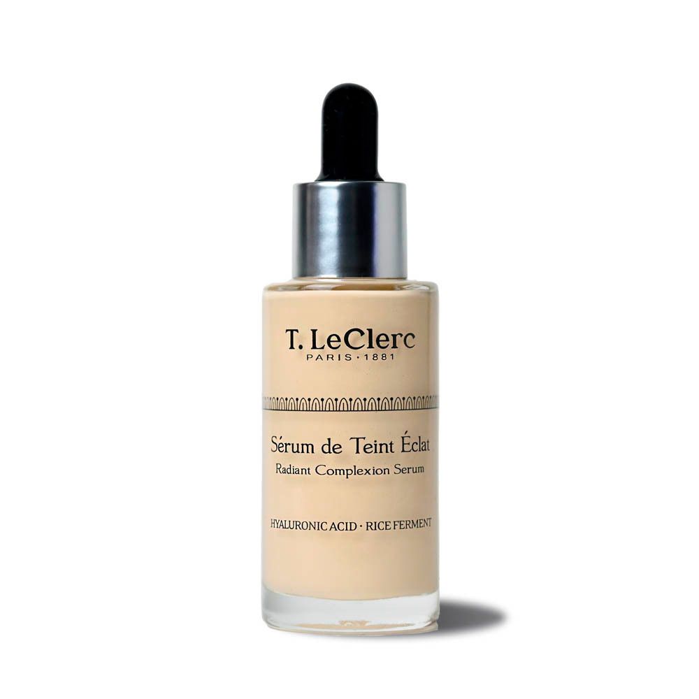 Flacon de sérum T. LeClerc. Inscription: Sérum de Teint Éclat, Radiant Complexion Serum. Avec pipette.