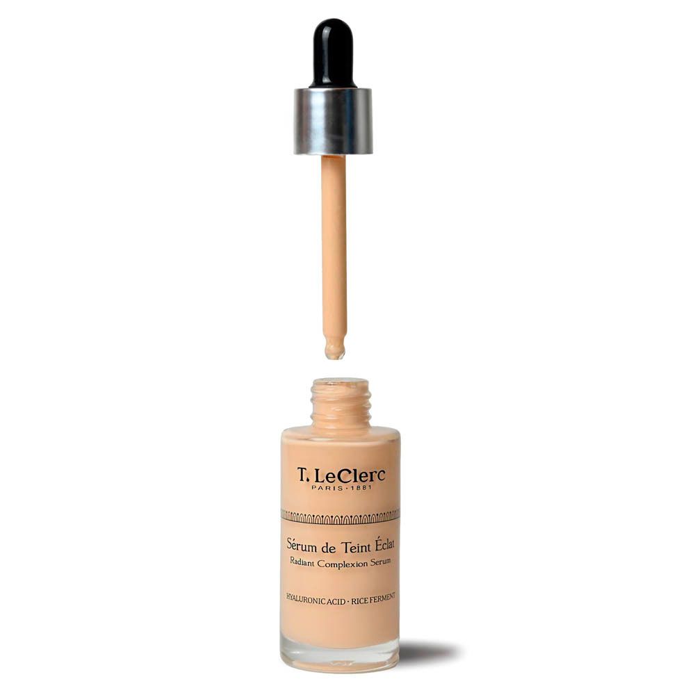 Serumfles met pipet. Opschrift: T. LeClerc Paris, Sérum de Teint Éclat, Radiant Complexion Serum. Bevat hyaluronzuur en rijstferment.