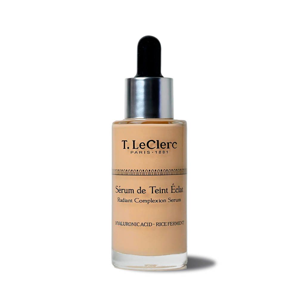 T. LeClerc serumfles met pipet. Opschrift: Sérum de Teint Éclat, Radiant Complexion Serum. Bevat hyaluronzuur en rijstferment.
