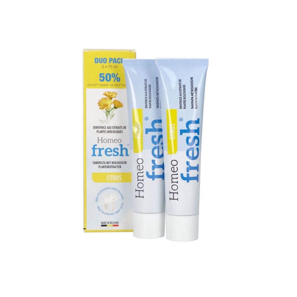 Tandpasta duo-pack met twee tubes en gele verpakking. Opschrift: Homeo fresh Citrus.
