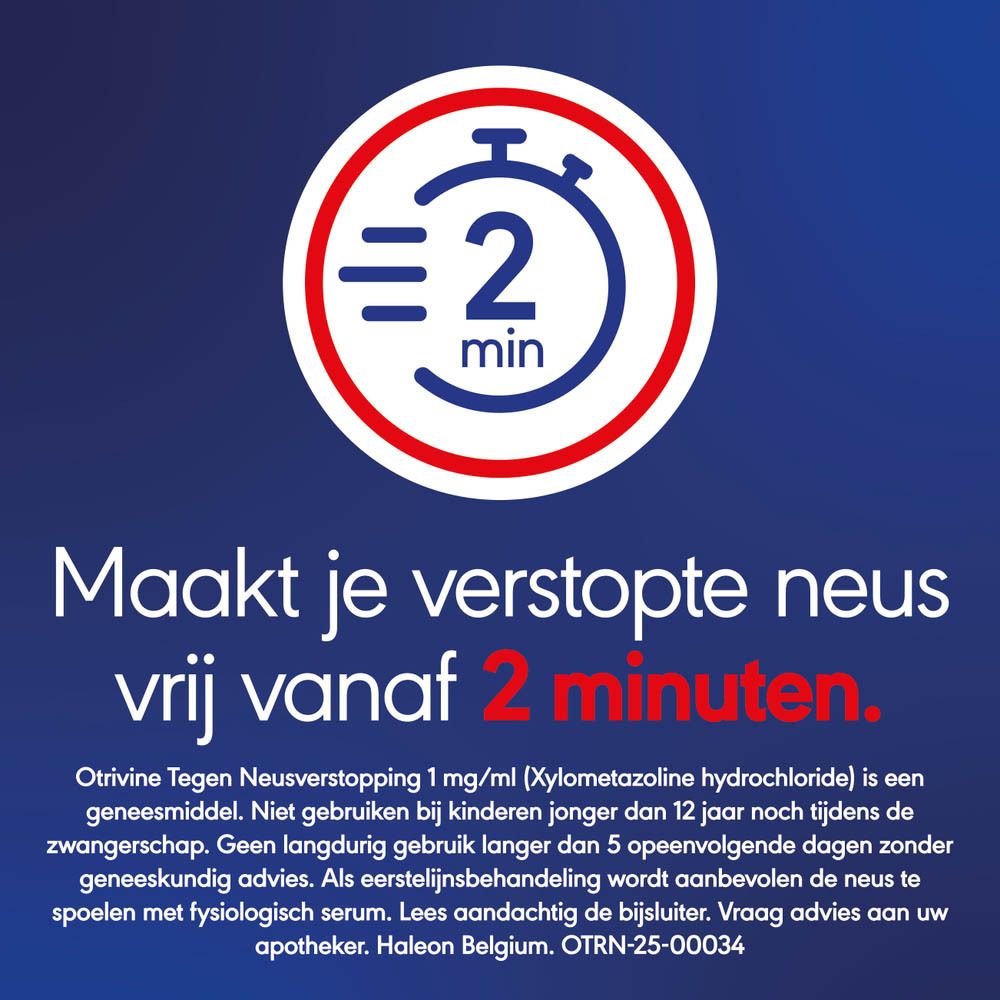 Tekst op blauwe achtergrond. Tekst: Maakt je verstopte neus vrij vanaf 2 minuten.