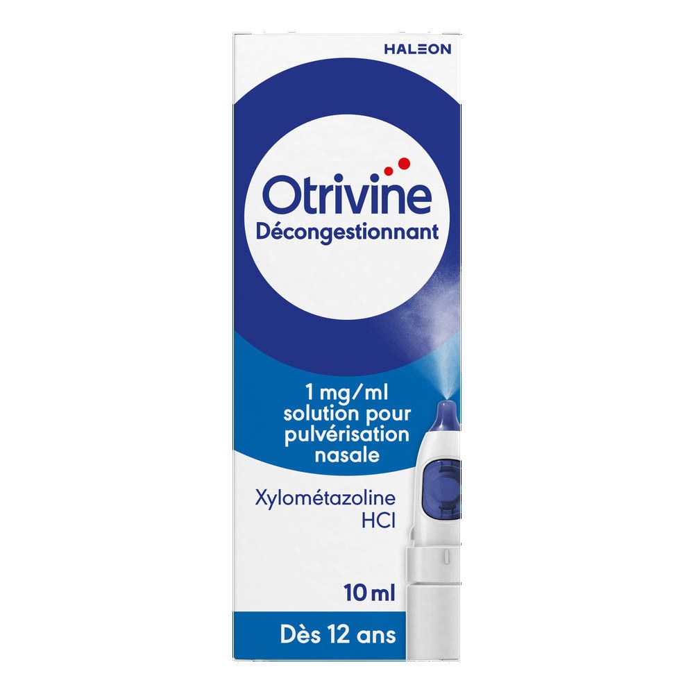 Boîte avec spray nasal. Inscription : Otrivine, Décongestionnant, 1mg/ml, 10 ml.