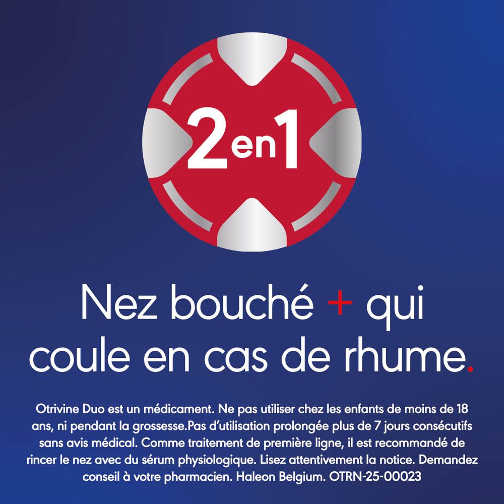 Image avec texte: Nez bouché + qui coule en cas de rhume. Informations sur le produit.