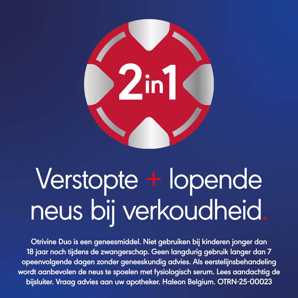 Afbeelding met tekst: Verstopte + lopende neus bij verkoudheid. Productinfo.