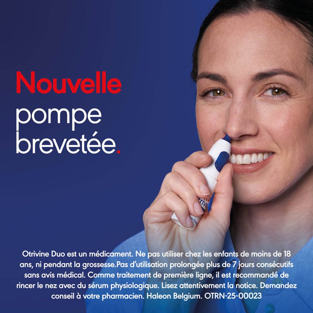 Femme utilisant un spray nasal. Texte: Nouvelle pompe brevetée. Informations produit.