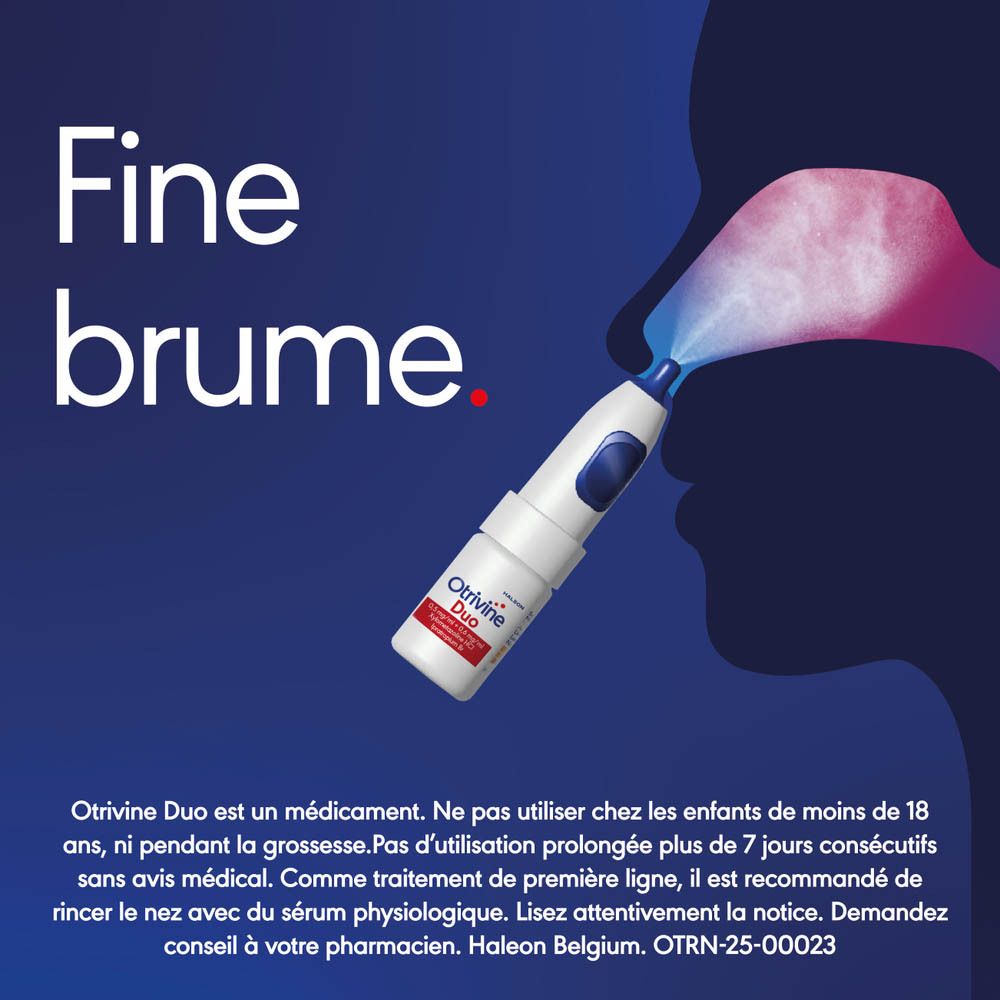 Application de spray nasal. Texte: Fine brume. Informations sur le produit.