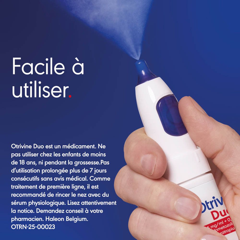 Main tenant un spray nasal. Texte: Facile à utiliser. Informations sur le produit.