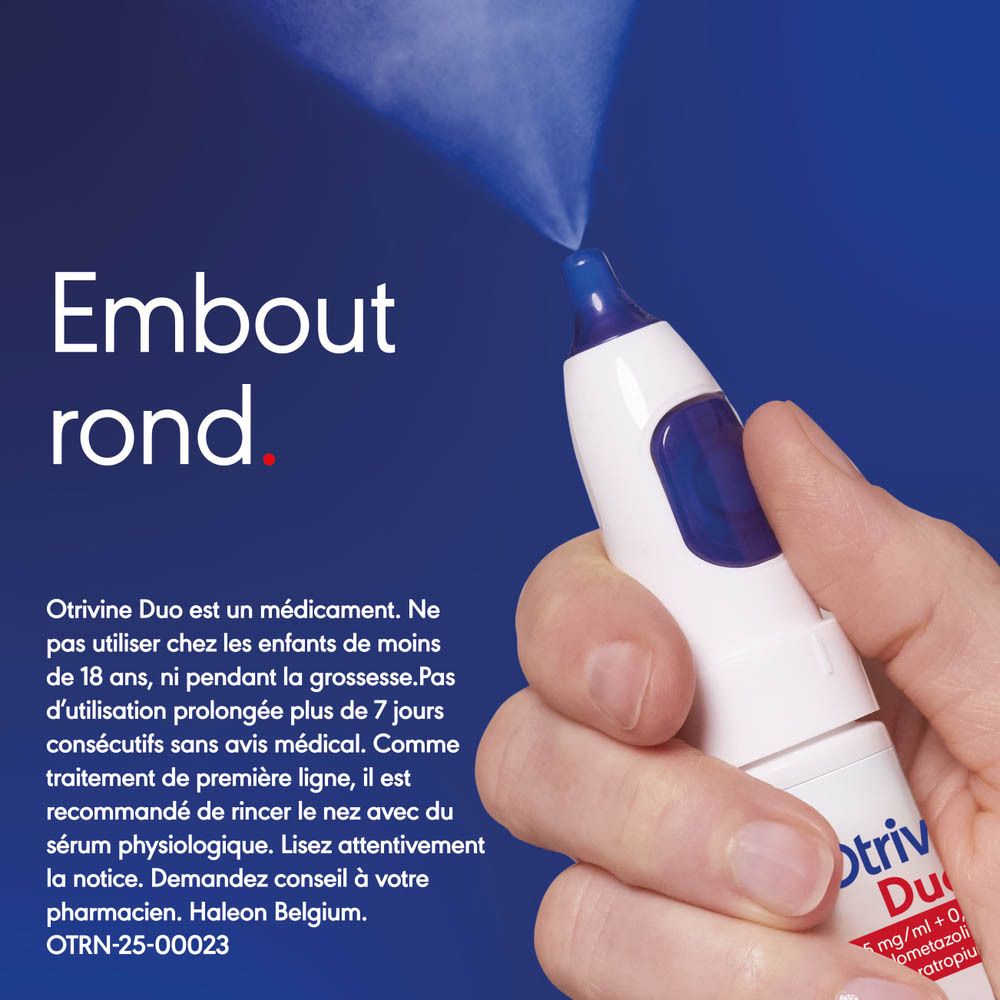 Main tenant un spray nasal. Texte: Embout rond. Informations sur le produit.