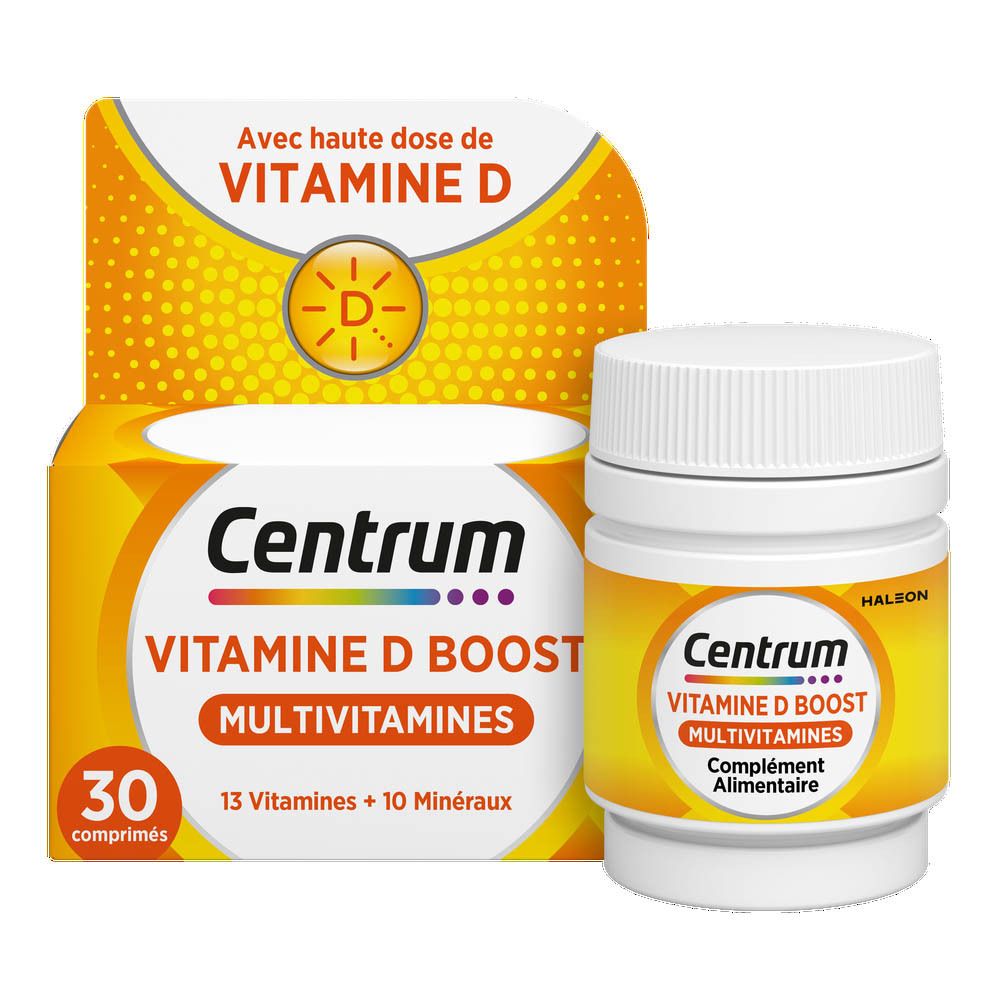 Emballage et flacon du produit. Nom du produit : Centrum Vitamine D Boost Multivitamine. 30 comprimés.